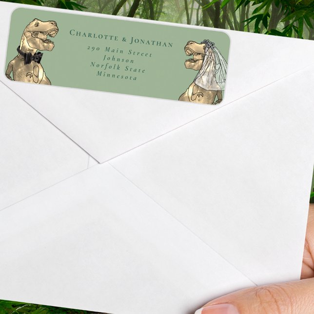 Dinosaur Themed Wedding Return Address (Dinosaur wedding sage green and dark green custom return address label T-Rex dino bride and groom )