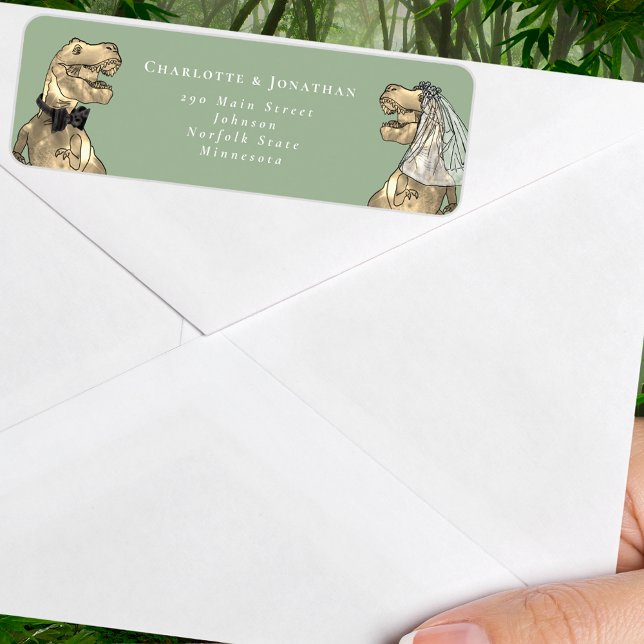 Dinosaur Themed Wedding Return Address (Dinosaur wedding sage green and white custom return address label T-Rex dino bride and groom)