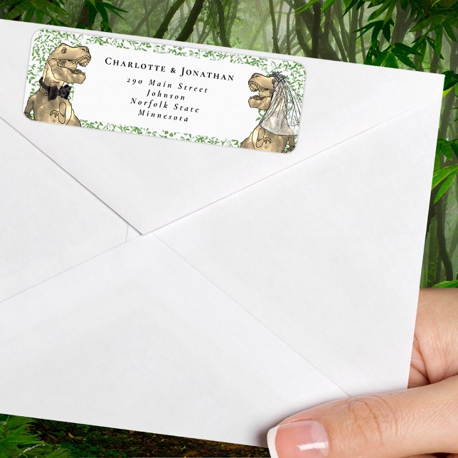 Dinosaur Themed Wedding Return Address (T-Rex bride and groom dinosaur wedding return address label watercolor eucalyptus )