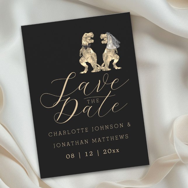 Dinosaur Themed Wedding Save The Date (Elegant dinosaur theme wedding save the date invitation Funny jurassic T-Rex bride & groom)