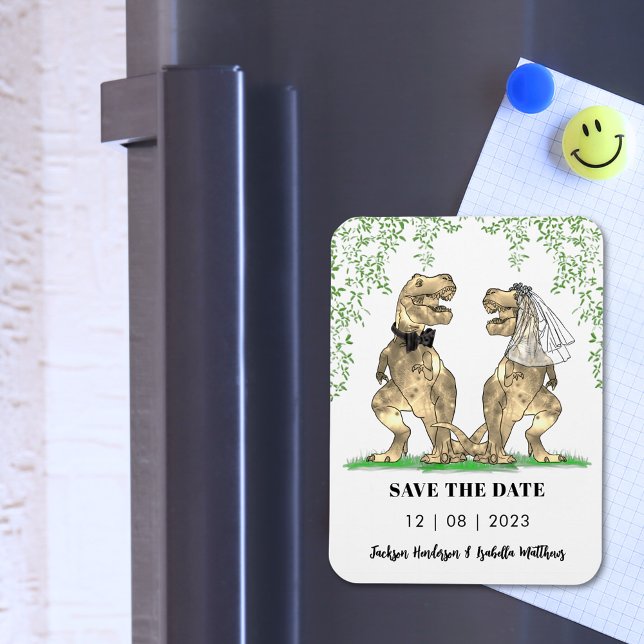 Dinosaur Themed Wedding Save The Date Magnet (T-Rex bride and groom funny dinosaur wedding save the date magnet)