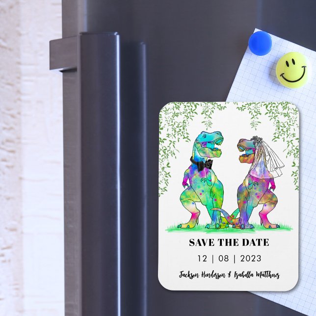 Dinosaur Themed Wedding Save The Date Magnet (Dinosaur themed wedding save the date invitation magnet colorful T-Rex bride and groom)
