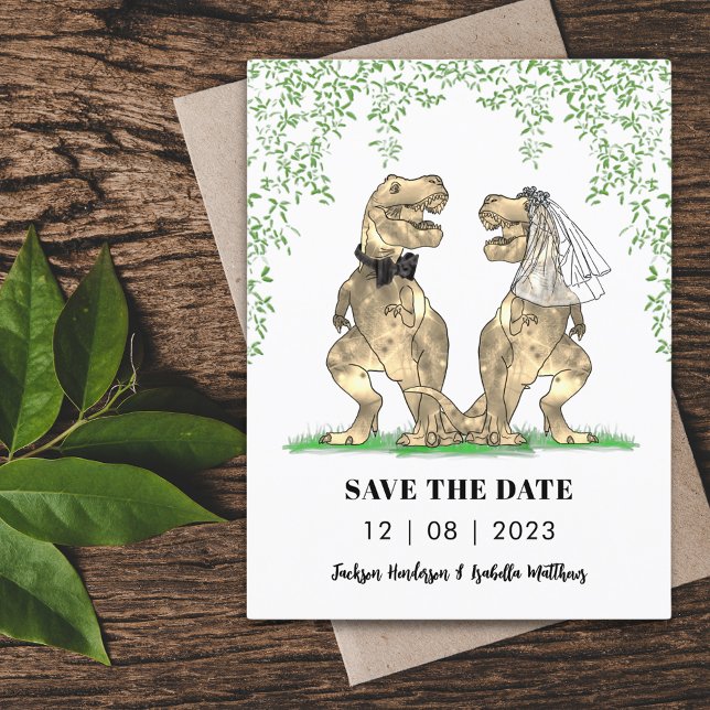 Dinosaur Themed Wedding Save the Date Postcard (T-Rex bride and groom funny dinosaur themed wedding save the date invitation )