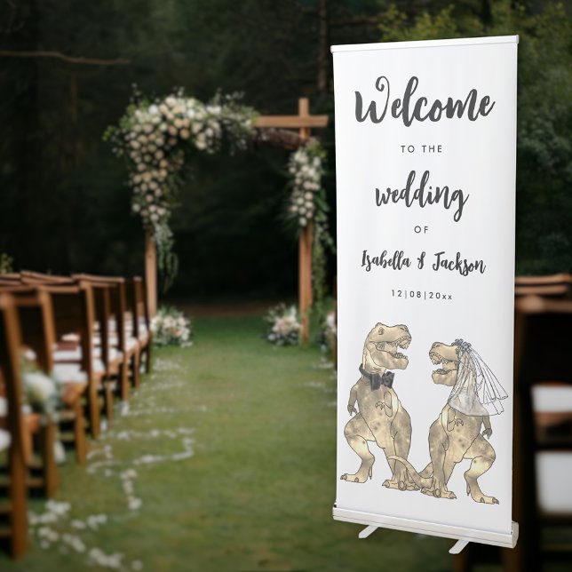 Dinosaur themed wedding welcome  retractable banner (Dinosaur wedding welcome custom banner with funny T-Rex bride and groom)