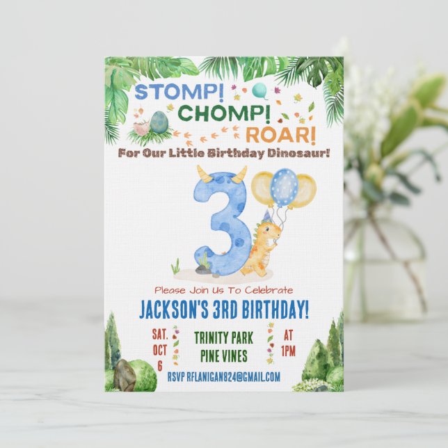 Dinosaur Third Birthday Party Invitation (Standing Front)