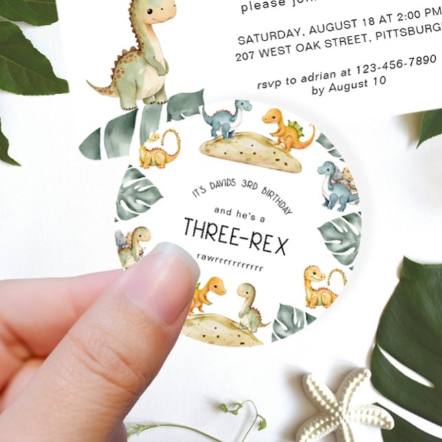 Dinosaur Third Birthday Three-Rex Party Classic Round Sticker (Creator Uploaded)
