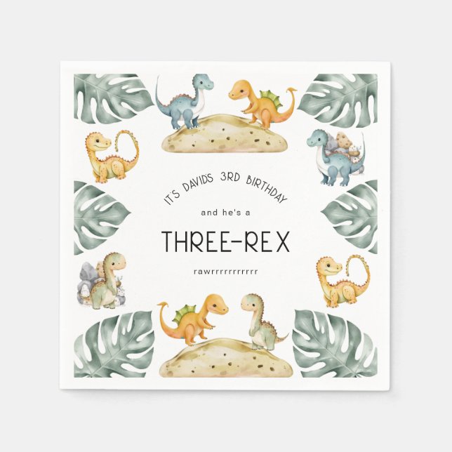 Dinosaur Third Birthday Three-Rex Party Napkin (Front)