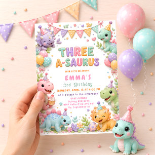 Dinosaur Three-A-Saurus 3rd Birthday Party Girl Invitation