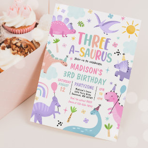 Dinosaur Three-A-Saurus 3rd Birthday Party Invitation