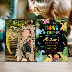 Dinosaur Three-A-Saurus 3rd Birthday Party Photo Invitation