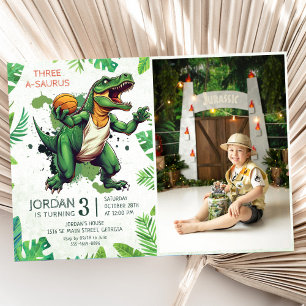 Dinosaur Three-A-Saurus 3rd Birthday Party Photo Invitation