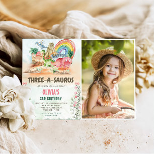 Dinosaur Three-A-Saurus 3rd Birthday Party Photo Invitation