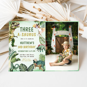 Dinosaur Three-A-Saurus 3rd Birthday Party Photo Invitation