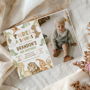 Dinosaur Three-A-Saurus 3rd Birthday Party Photo Invitation