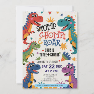 Dinosaur Three A-Saurus 3rd Birthday Party T-Rex Invitation