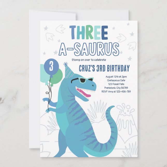 Dinosaur Three A-Saurus 3rd Birthday Party T-Rex  Invitation (Front)