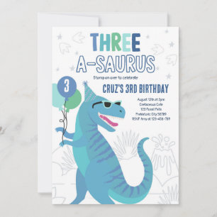 Dinosaur Three A-Saurus 3rd Birthday Party T-Rex Invitation
