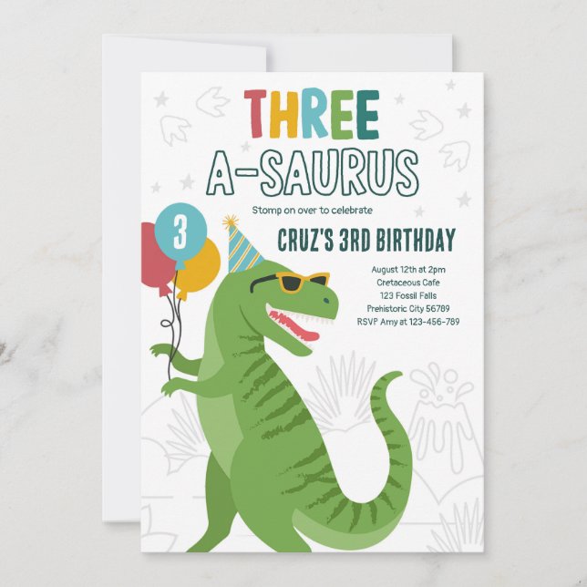 Dinosaur Three A-Saurus 3rd Birthday Party T-Rex  Invitation (Front)
