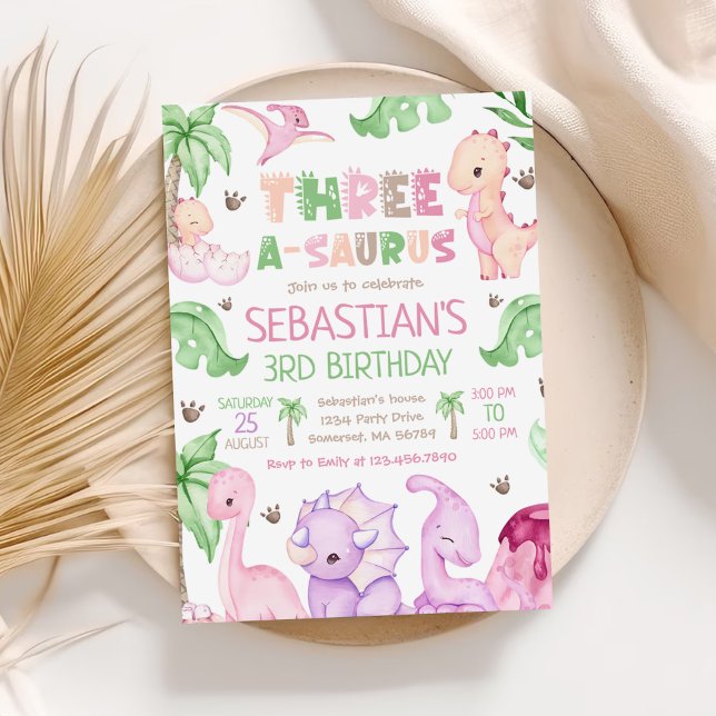 Dinosaur Three-A-Saurus Girl 3rd Birthday Party Invitation (Creator Uploaded)