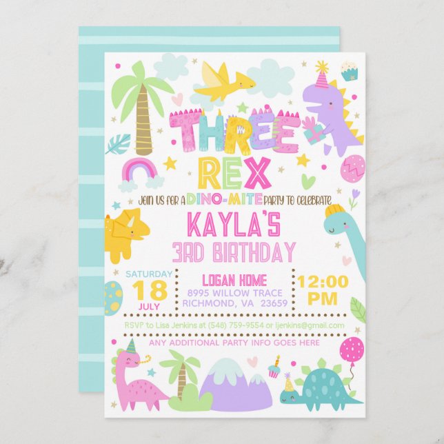 Dinosaur THREE Rex 3rd Birthday Invitation (Front/Back)