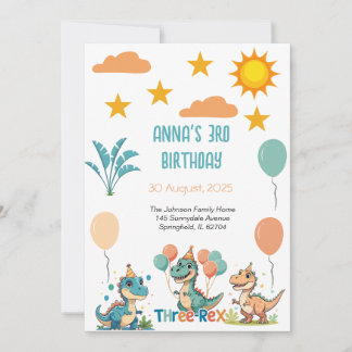 Dinosaur Three Rex 3rd Birthday Invitation