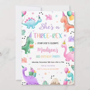 Dinosaur Three Rex 3rd Birthday Party Invitation