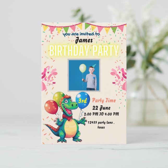 Dinosaur Three Rex 3rd Birthday Party Invitation (Standing Front)