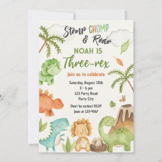 Dinosaur Three Rex 3rd Birthday Party Invitation