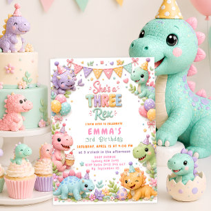 Dinosaur Three Rex 3rd Birthday Party Invitation