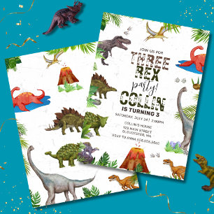 Dinosaur Three Rex 3RD Birthday Party  Invitation