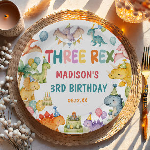 Dinosaur Three Rex 3rd Birthday Party Paper Plate