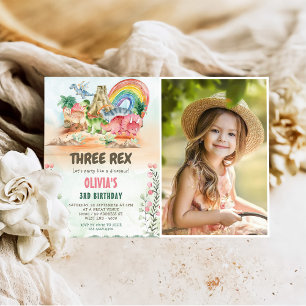 Dinosaur Three Rex 3rd Birthday Party Photo Invitation