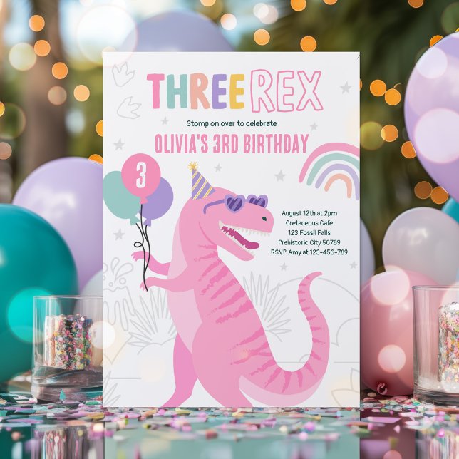 Dinosaur Three Rex 3rd Birthday Party Pink T-Rex Invitation (Creator Uploaded)