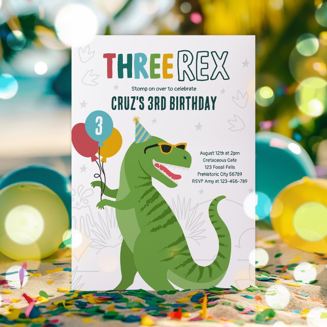 Dinosaur Three Rex 3rd Birthday Party T-Rex Invitation (Creator Uploaded)