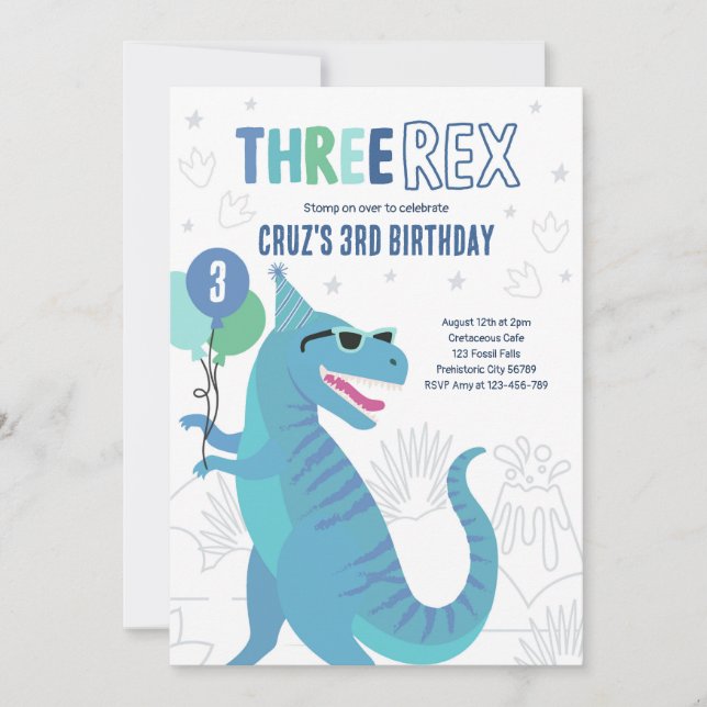 Dinosaur Three Rex 3rd Birthday Party T-Rex Invitation (Front)
