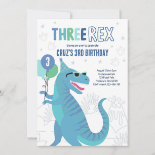 Dinosaur Three Rex 3rd Birthday Party T-Rex Invitation