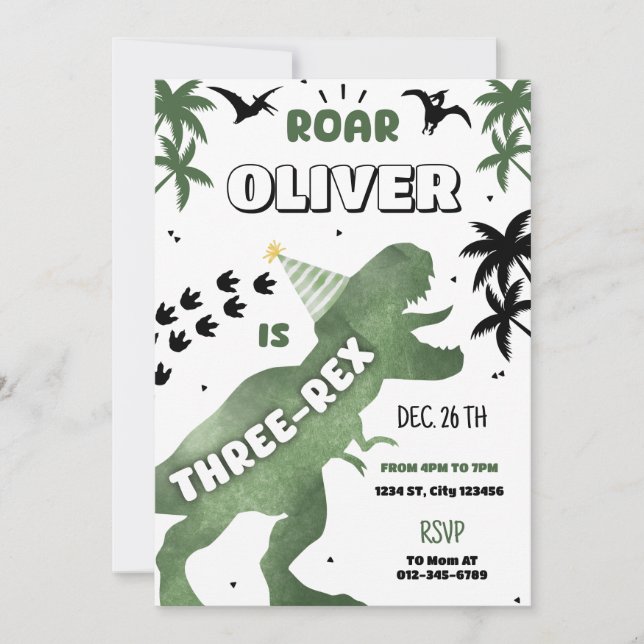Dinosaur Three Rex 3rd Birthday Party T-Rex Invite (Front)