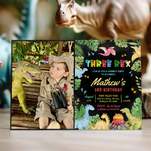 Dinosaur Three Rex 3rd Birthday Party T-Rex Photo Invitation