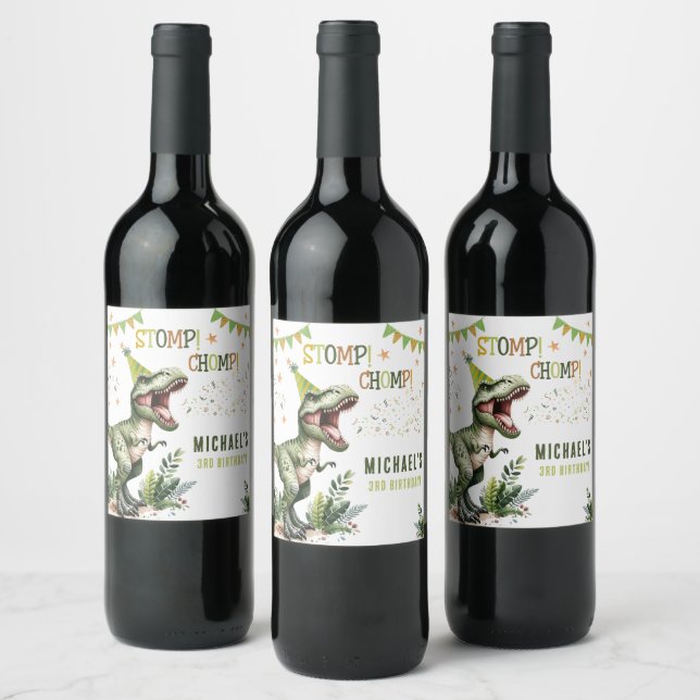 Dinosaur Three Rex 3rd Birthday Party  Wine Label (Bottles)