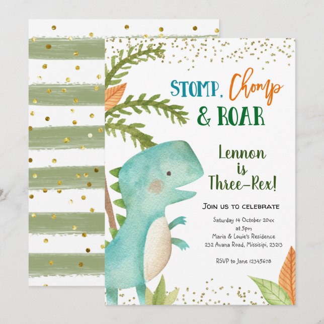 Dinosaur Three-Rex Birthday Invitation (Front/Back)