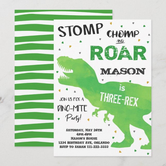 Dinosaur Three-Rex Birthday Invitation (Front/Back)