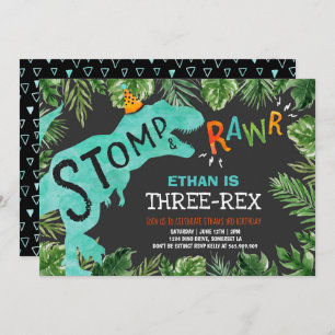 Dinosaur Three-Rex Birthday Invitation Boy Dino