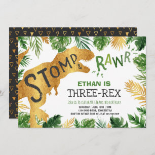 Dinosaur Three-Rex Birthday Invitation Boy Dino