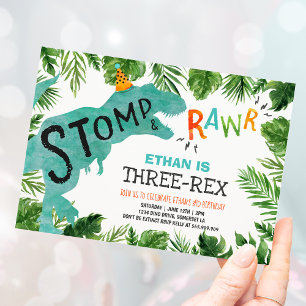 Dinosaur Three-Rex Birthday Invitation Boy Dino