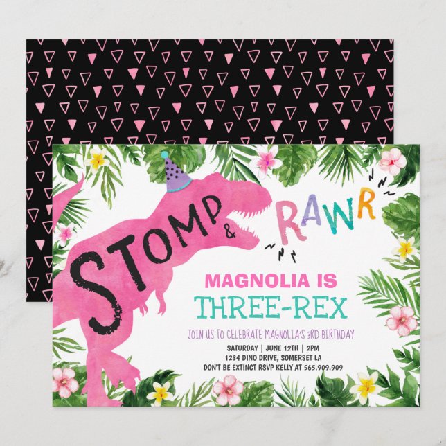 Dinosaur Three-Rex Birthday Invitation Girl Dino (Front/Back)