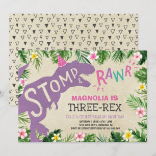 Dinosaur Three-Rex Birthday Invitation Girl Dino