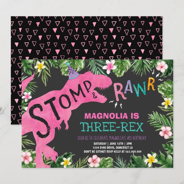 Dinosaur Three-Rex Birthday Invitation Girl Dino (Front/Back)