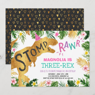 Dinosaur Three-Rex Birthday Invitation Girl Dino