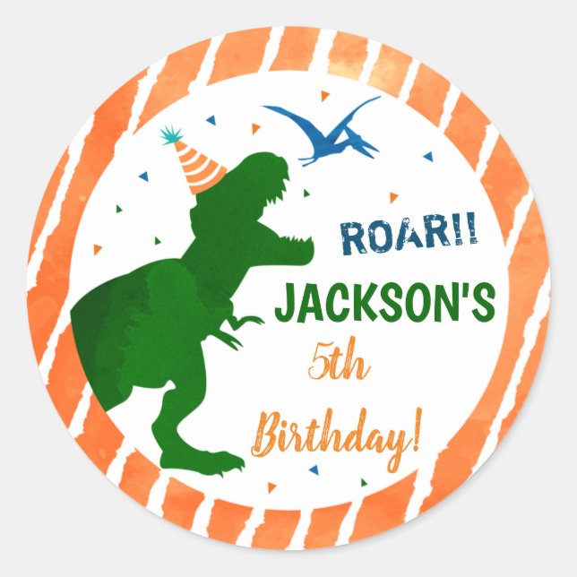 Dinosaur Three Rex Birthday Party Favour Stickers (Front)