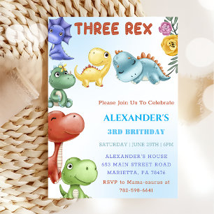 Dinosaur Three Rex  Birthday Party Invitation